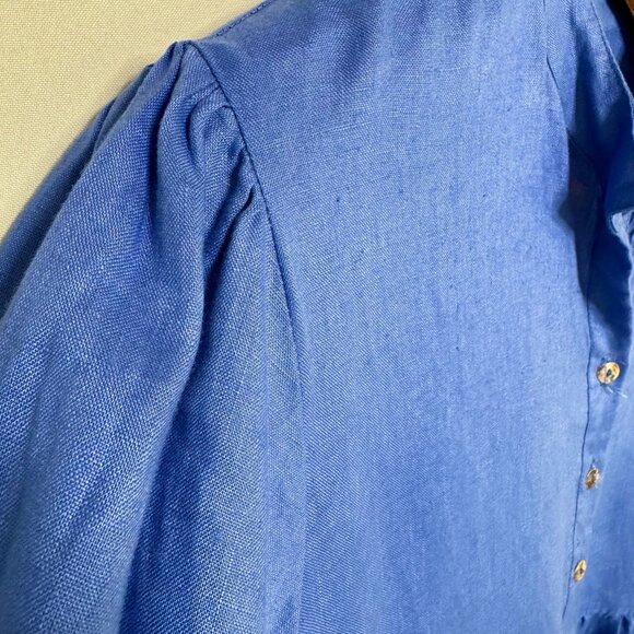 Visible Art Blue 100% Linen Ballon 3/4 Sleeves Empire Waist Midi Dress Size XL - Picture 4 of 12